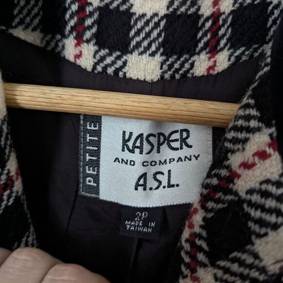Vintage Kasper ASL Petite cream black red plaid wool velvet blazer jacket - Picture 2 of 4
